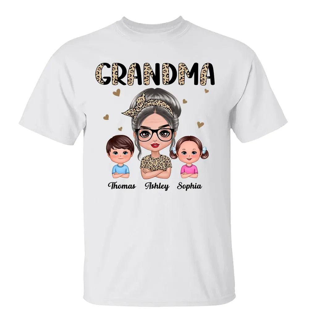 Leopard Print Grandma with Grandkids Personalized Unisex T-Shirt