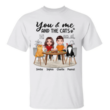 Load image into Gallery viewer, Couple And Cats Sitting At The Table Personalized Shirt
