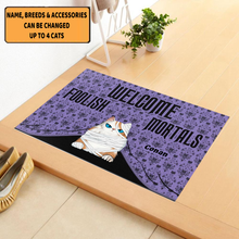 Load image into Gallery viewer, Welcome Foolish Mortals - Personalized Cat Doormat - Halloween Gift For Cat Lovers
