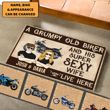 Load image into Gallery viewer, A Grumpy Old Biker And His Super Sexy Wife Live Here Motorcycle - Personalized Custom Doormat
