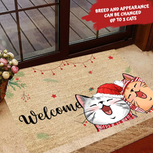 Load image into Gallery viewer, Meowy Catmas Cute Peeking Fluffy Cat Christmas Personalized Doormat
