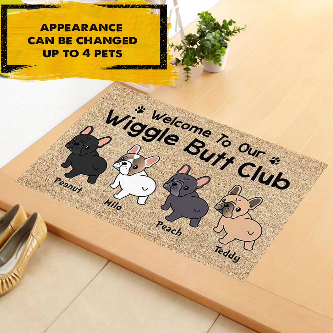 Frenchie Wiggle Butt Club Dog Personalized Doormat