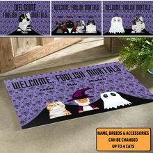 Load image into Gallery viewer, Welcome Foolish Mortals - Personalized Cat Doormat - Halloween Gift For Cat Lovers
