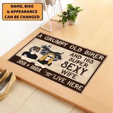 Load image into Gallery viewer, A Grumpy Old Biker And His Super Sexy Wife Live Here Motorcycle - Personalized Custom Doormat
