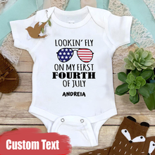 Load image into Gallery viewer, &quot;Lookin Fly on my First Fourth of July &quot; Custom Baby Onesie
